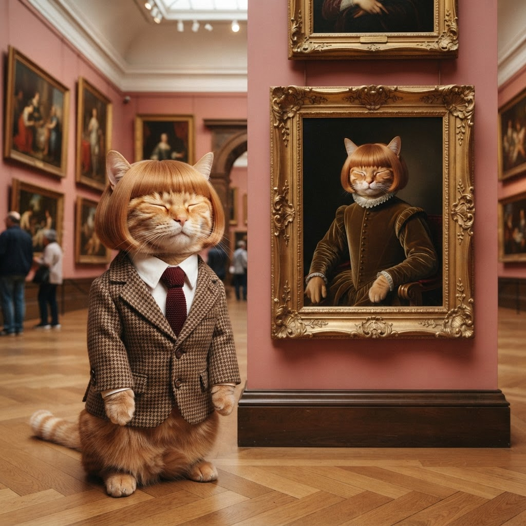 Catephil admiring a portrait of a cat in an art museum
