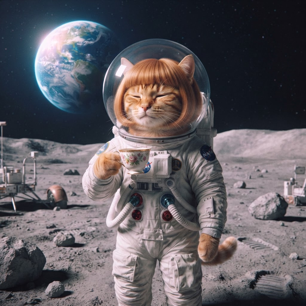 Catephil drinking tea on the moon in a spacesuit